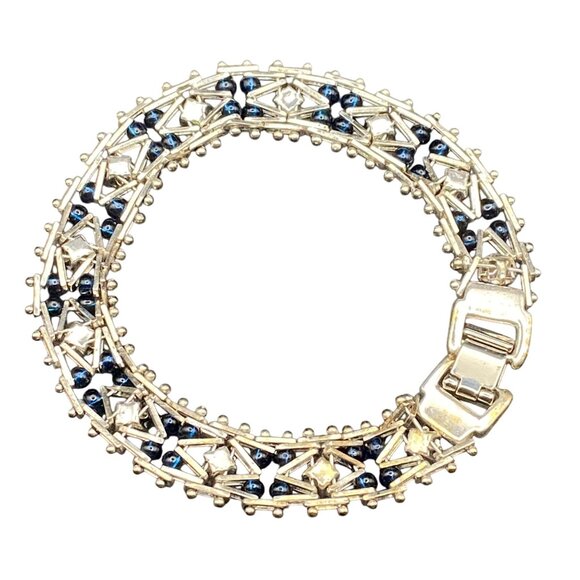 Vintage Silver Tone Faux Blue Sapphire Bracelet Filigree Bead  7" Art Deco Style - Picture 7 of 7